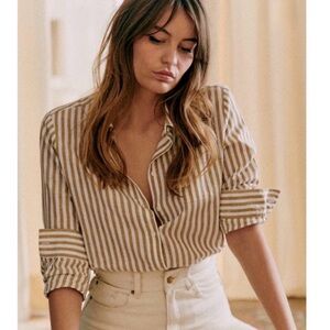 Sezane Beige and White Striped Button Down Shirt
